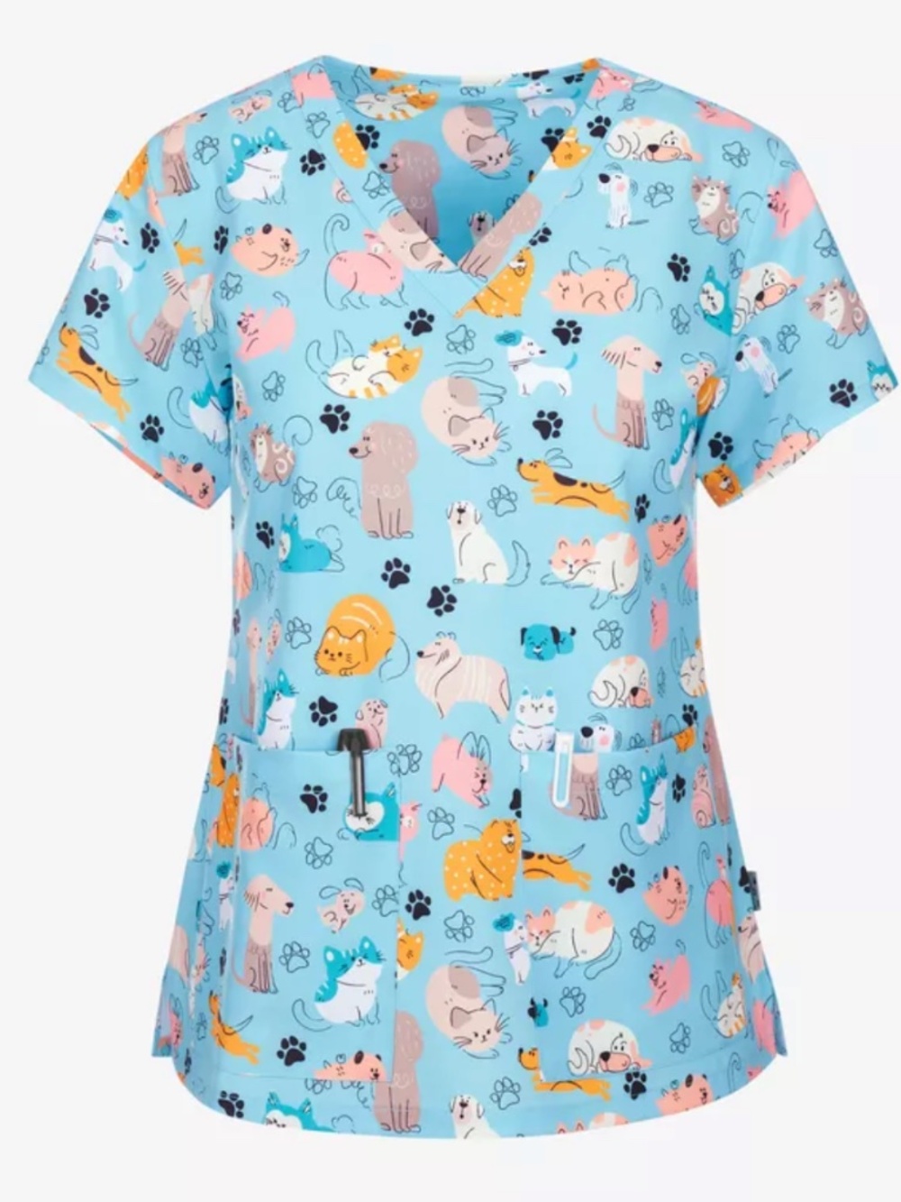 Zavate Ava Therese Furry Friends Women's 2-Pocket STRETCH V-Neck Print Scrub Top